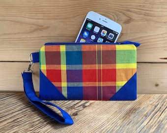 Phone zipper pouch, Cellphone case, Wristlet phone pouch with Keychains, Women's cellphone case, Phone Wallet, Plaid, Blue pouch, Handmade