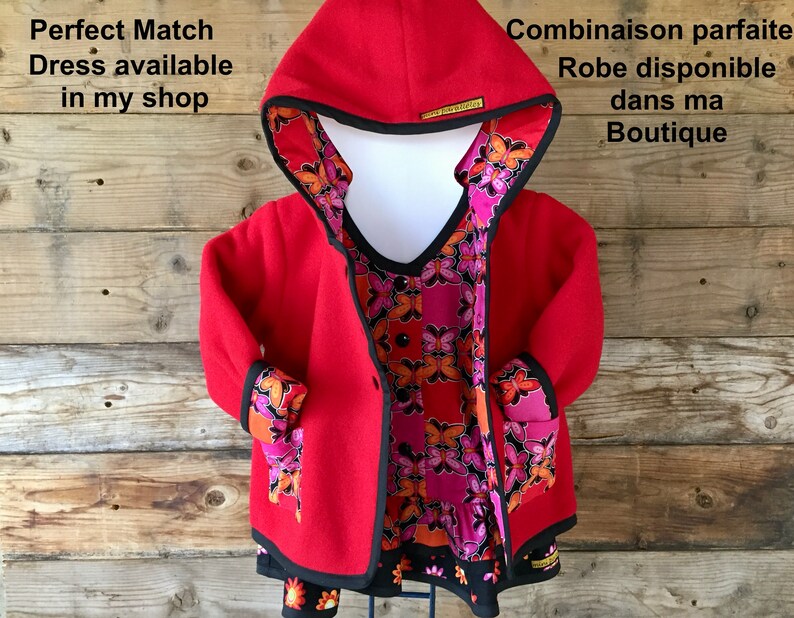 Girls red polar jacket with cotton lining Kids polar jacket Kids polar long sleeves coat with pockets and hoodie Girls hoodie Handmade