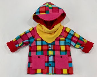 Girls Polar Fleece Jacket, Toddler polar jacket with neck warmer, Colorful plaid Polar Fleece, Girls jacket, Red cotton lining, Handmade