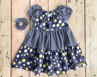 Gray Girls dress, Layers ruffle dress, Girls dress with polka dot design, Grey and yellow polka dot, 100% cotton dress for girls, handmade