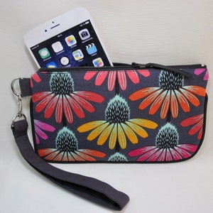 Funda para teléfono móvil, Funda para teléfono de pulsera con llaveros, Funda para teléfono móvil de mujer, Billetera, Estampado de equinácea, Gris oscuro, Hecho a mano, Listo para enviar