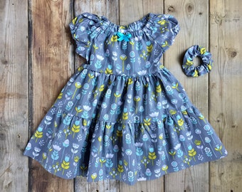 Gray boho dress - Girls dress with blue flower design, Layers ruffle dress, Blue and yellow flower, 100% cotton dress for girls, handmade