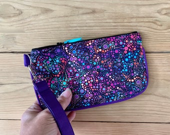 Handmade Cotton Phone Wristlet Pouch, Abstract Purple