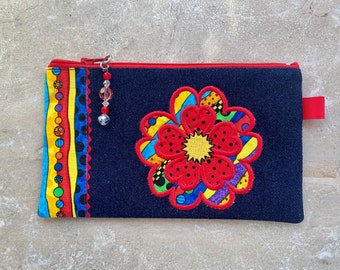 Denim zipper pouch, 7.5 x 4.5in, Flower embroidery, Phone case, Glasses, Wallet, Passports case, Pencils, Miscellaneous, Gift, Ready to ship