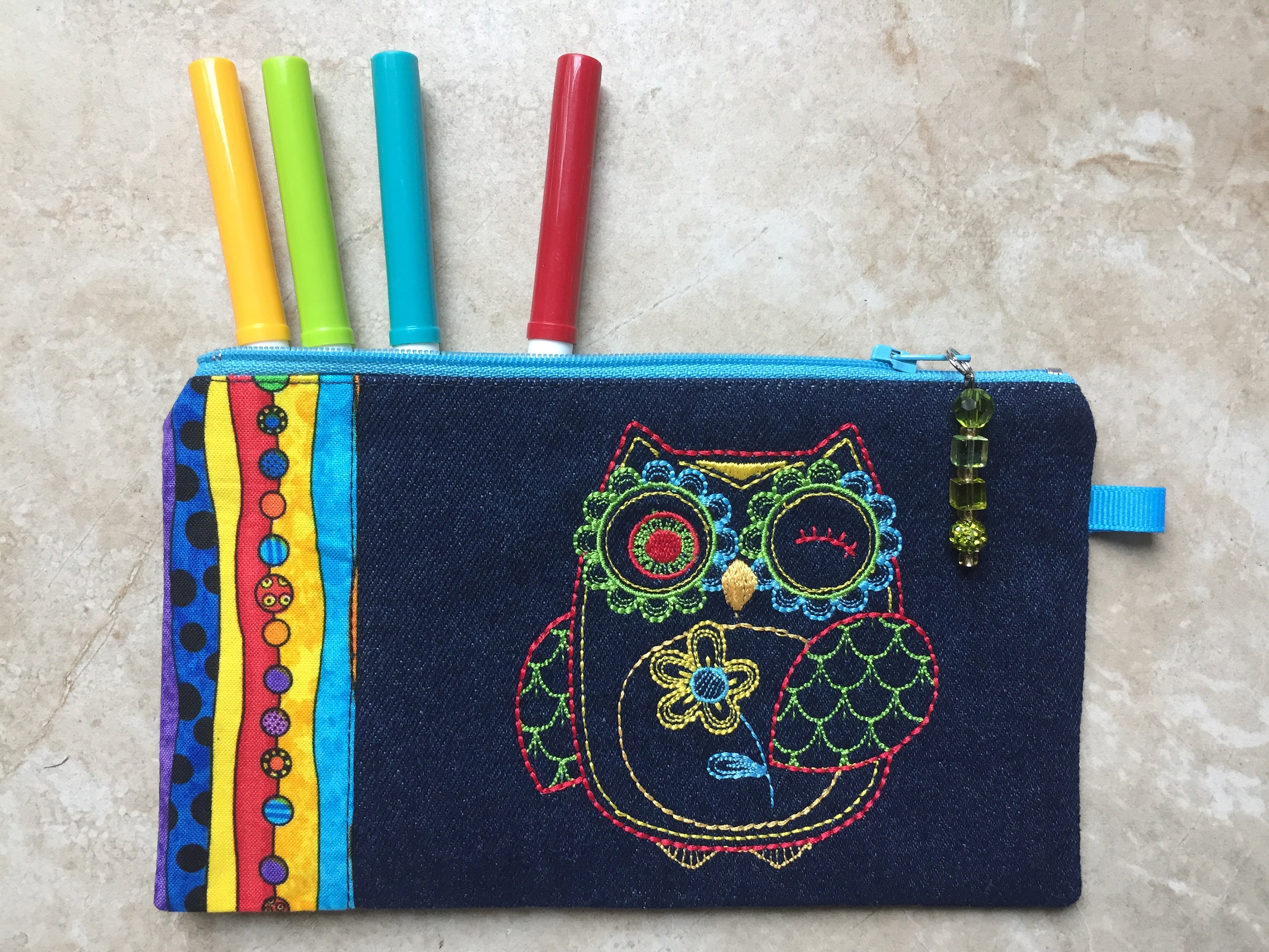Denim Zipper Pouch with Owl Embroidery, Handmade Cotton Bag