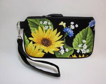 Sunflower Pouch, Phone zipper pouch, Cellphone case, Wristlet phone pouch with Keychains, Women's cellphone case, Phone Wallet, Handmade