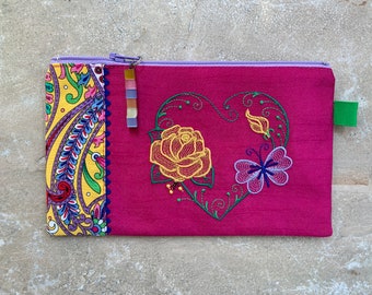 Zipper pouch, 7.5 x 4.5in, Heart embroidery, Phone case, Glasses, Wallet, Passport case, Pencils, Miscellaneous, Gift for her, Ready to Ship