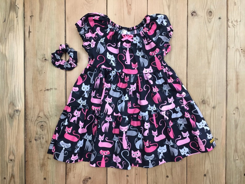 Girls cat dress, Layers ruffle dress, Pink cats design, Boho dress, Short Sleeves, Black dress, 100% cotton, Girls flared dress, Handmade image 1