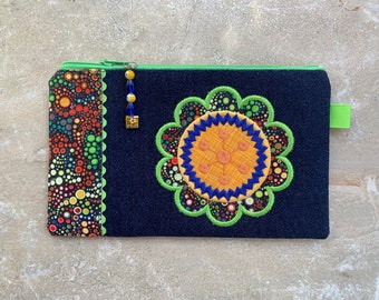 Denim zipper pouch, 7.5 x 4.5in, Flower embroidery, Phone case, Glasses, Wallet, Passports case, Pencils, Miscellaneous, Gift, Ready to Ship