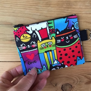 Porte-monnaie, Petite pochette zippée, Chats noirs mignons, Petit portefeuille, Portefeuille Femme, Sac à masque, 4 po X 5 po, 100% coton, Prêt à expédier, Fait à la main
