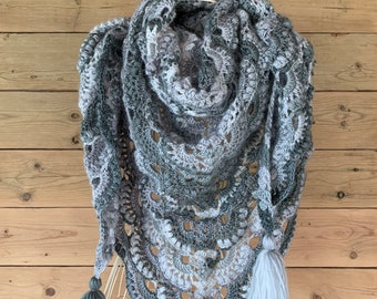 Crochet shawl, Acrylic crochet scarf with tassels, Large wrap shawl, Silver, Grey gradient, Lightweight, Women's  Gifts, Handmade