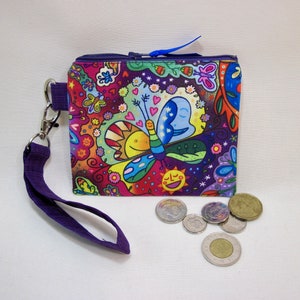 Porte-cartes de crédit, Petite pochette à fermeture éclair, Porte-clés, Pochette pour écouteurs, Papillon très coloré, Largeur 13 cm X 12,2 cm, Fait main