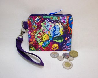 Credit Card Holder, Small zippered pouch, Key Chain Pouch Wallet, Earbud Bag, Very colorful butterfly, Width 13 cm X 12.2 cm, Handmade