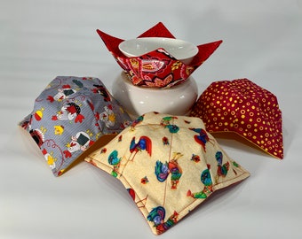 Bowl Cosy, Bowl Holder Microwave, Volute, Dots, Rooster, Chicken, Bowl Cosy Reversible, Versatile, 100% cotton, Handmade, Ready to ship