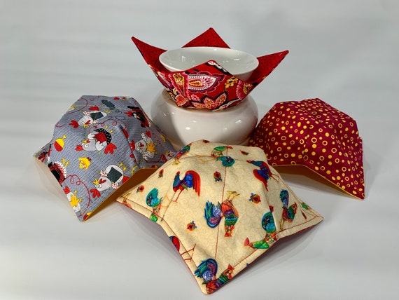 Handmade Reversible Microwave Bowl Cozy, Rooster Print, Quilted Hot Pad