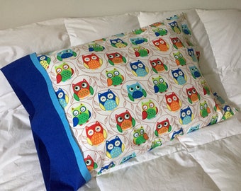 Pillowcase, Child's Bedding, Themed Pillowcase, Pillowcase for Kids, Owl design with Royal Blue Band, 100% cotton Pillowcase, Handmade