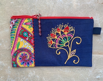 Zipper pouch, 7.5 x 4.5in, Flower embroidery, Phone case, Glasses, Wallet, Passports case, Pencils, Miscellaneous, Gift, Ready to Ship