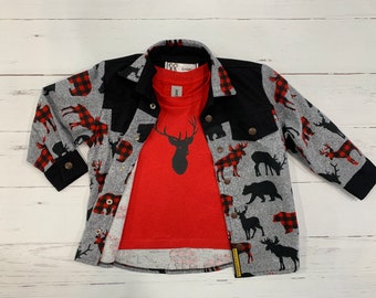 Set, Kids lumberjack shirt, Shirt with T-shirt set, Button up shirt, Boys shirt, Country shirt, Moose, deer, bear pattern, Flannel, Handmade