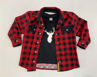 Set, Kids lumberjack shirt with t-shirt, Red buffalo plaid shirt, Deer pattern, Boys shirt, Country shirt, Flannel 100% cotton, Handmade