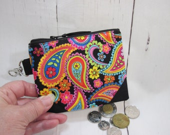 Coin Purse, Small zippered pouch, Small Wallet, Travel Wallet, Very colorful Floral Paisley, Women's Wallet, 10 cmX12.5 cm, Gift,  Handmade