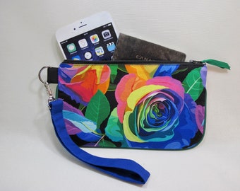 Phone zipper pouch, Cellphone case, Wristlet phone pouch with Keychains, Bouquet of roses Fabric, Phone Wallet, Reusable pouch, Handmade