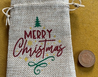 Glittery Merry Christmas jute bags/ Christmas bag/ Christmas gift bag/ Christmas bag/ small gift bag/ stocking filler/ stocking stuffer