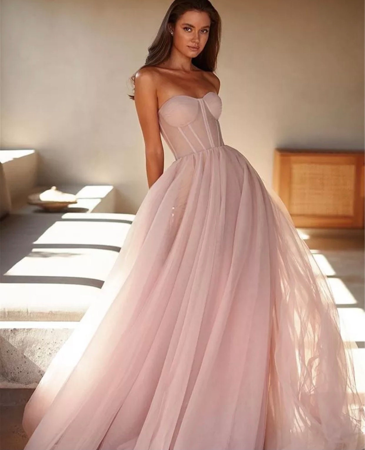 Light Pink Tulle Evening Gown Etsy UK