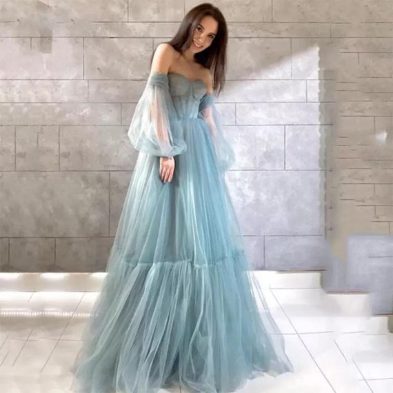 Dusty Blue Gown With Puffy Sleeves - Etsy