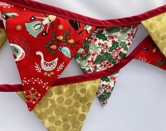 Christmas bunting. Festive, traditional. Cotton fabric. Red and gold. Priced per metre