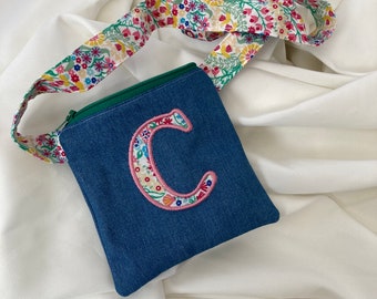 Shoulder bag. Personalised floral cotton and denim