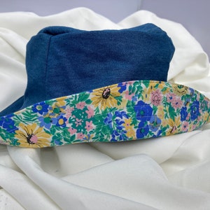 Bucket hat. Soft cotton Denim and Liberty. Yellow and Blue