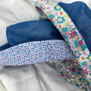 Bucket hat. Soft cotton Denim and Liberty. Red, white and blue ditsy floral