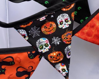 Halloween bunting. Cotton fabric. Pumpkins and cats. Priced per metre