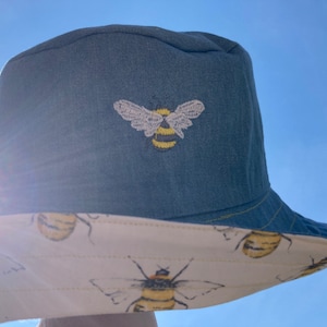 Bumble Bee embroidered soft cotton denim sun hat. Bucket hat