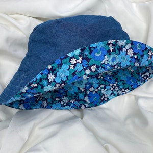 Bucket hat. Soft cotton Denim and Liberty. Blue Flowers