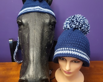 SALE! Navy Blue/light blue sparkle Reg size horse hat with matching adult riders hat. This set is one of a kind!  Ready to ship today!