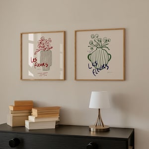 Conjunto de 2 estampados cuadrados florales flores pintura estética pared arte planta florero arte imprimible moderno cartel botánico / descarga instantánea