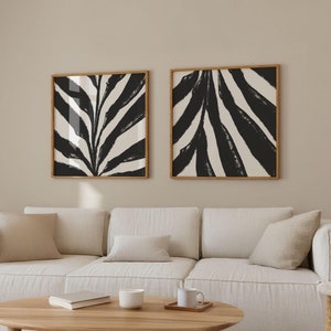 Conjunto de 2 impressões quadradas botânicas, preto e branco, floral, estética, arte de parede, natureza, arte moderna para impressão, folhas abstratas | Download instantâneo