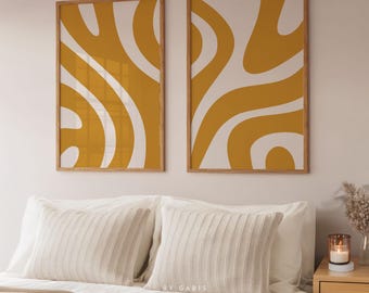 Set of 2 Abstract Printable Wall Art 2 Pieces Retro Aesthetic Yellow Mustard Poster | Instant Download