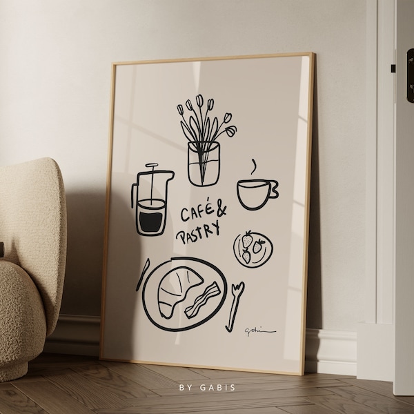 Breakfast Printable Wall Art Croissant Coffee Poster Breakfast Club Print Black Kitchen Wall Art Bar Cart Print | Instant Download