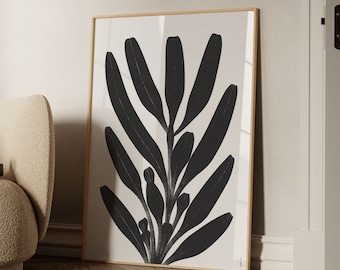 Minimalist Floral Art Print: Black and White Abstract Leaves (Instant Download)