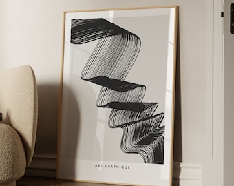 Abstract Line Art Print | Black & White 3D Modern Poster (Digital Download)