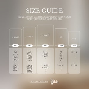 May include: A size guide for digital printable art prints. The guide shows five different file sizes in inches and centimeters, including 3:4, 2:3, 4:5 ratios, ISO standard sizes, and 11x14 inches. The text "Shop the Collection by Gabis" is at the bottom of the guide.
