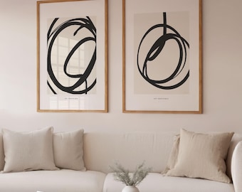 Set of 2 Abstract Printable Wall Art Black and White Modern Prints Minimalist Aesthetic Exhibition Line Art | Digital Download
