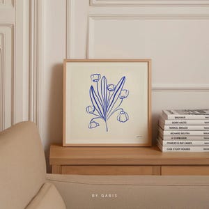 Les Fleurs Square Print Blue Royal Floral Bouquet Aesthetic Wall Art Modern Printable Art Line Art | Instant Download
