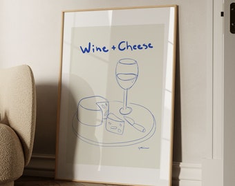 Wine and Cheese Club Art Print: Hand Drawn Kitchen Wall Decor (Digital Download)