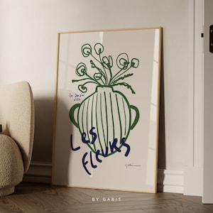 Les Fleurs imprimible pared arte floral cartel Le Jardin impresión verde y azul botánico pared arte orgánico impresión estética / descarga instantánea