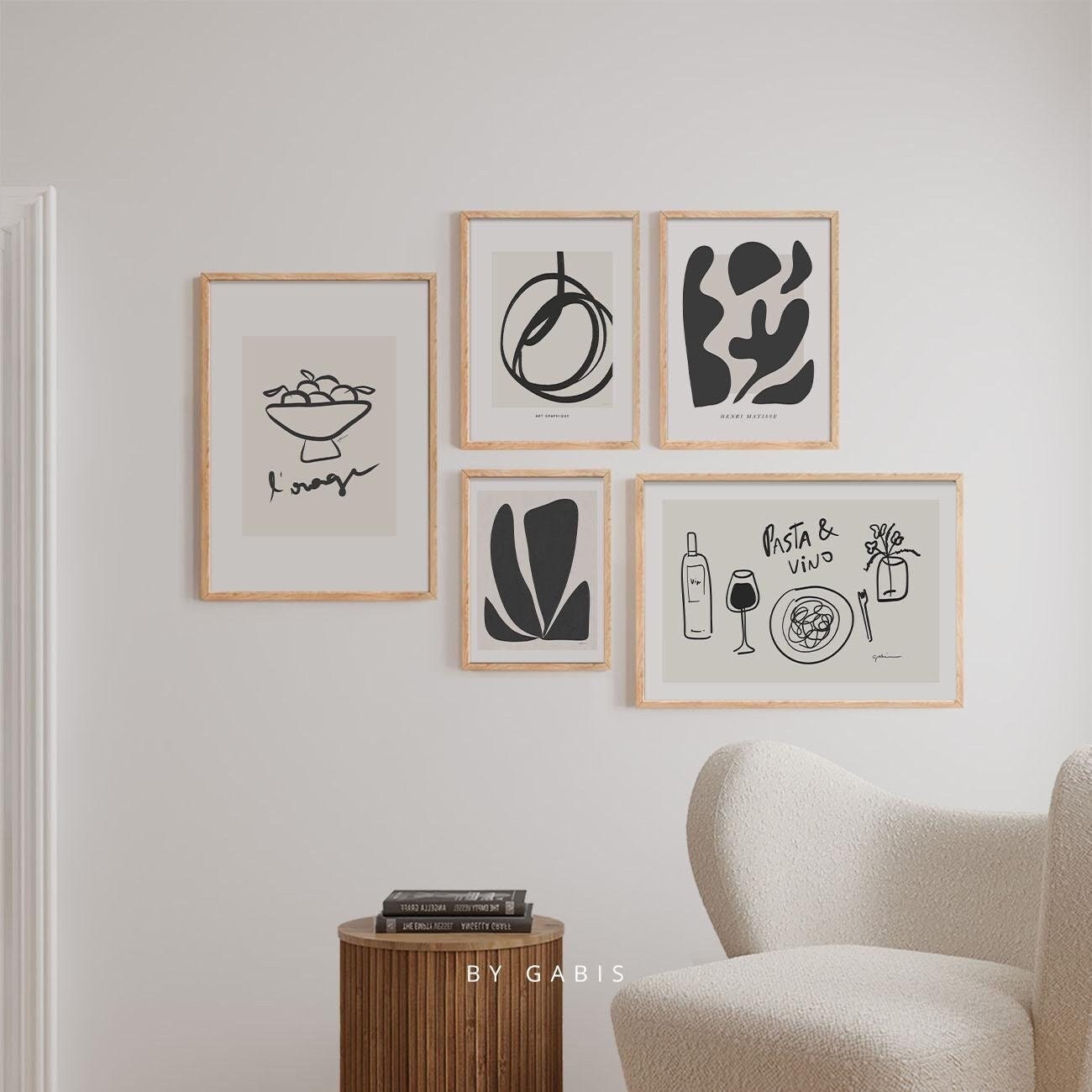 Modern Minimalist Gallery Wall Art: Black White, Wine, Pasta (set