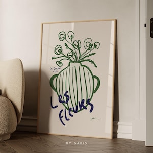 Póster floral vintage de Les Fleurs, arte de pared, impresión Le Jardin, arte de pared botánico verde y azul, impresión estética orgánica / Por Gabis