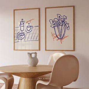 Set of 2 Printable Wall Art Coffee Breakfast Poster Les Fleurs du Jardin Wall Art Royal Blue and Red Floral Trendy Print | Instant Download